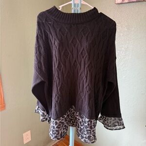 Worthington Black Cable Knit Sweater with Leopard Accents